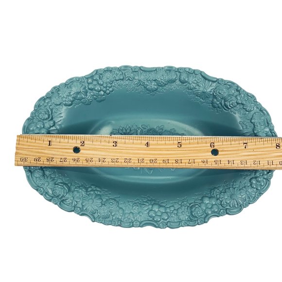 Vtg Trinket Dish Jewelry Tray Soap Blue Painted Metal High Relief Floral Ornate - Picture 7 of 10